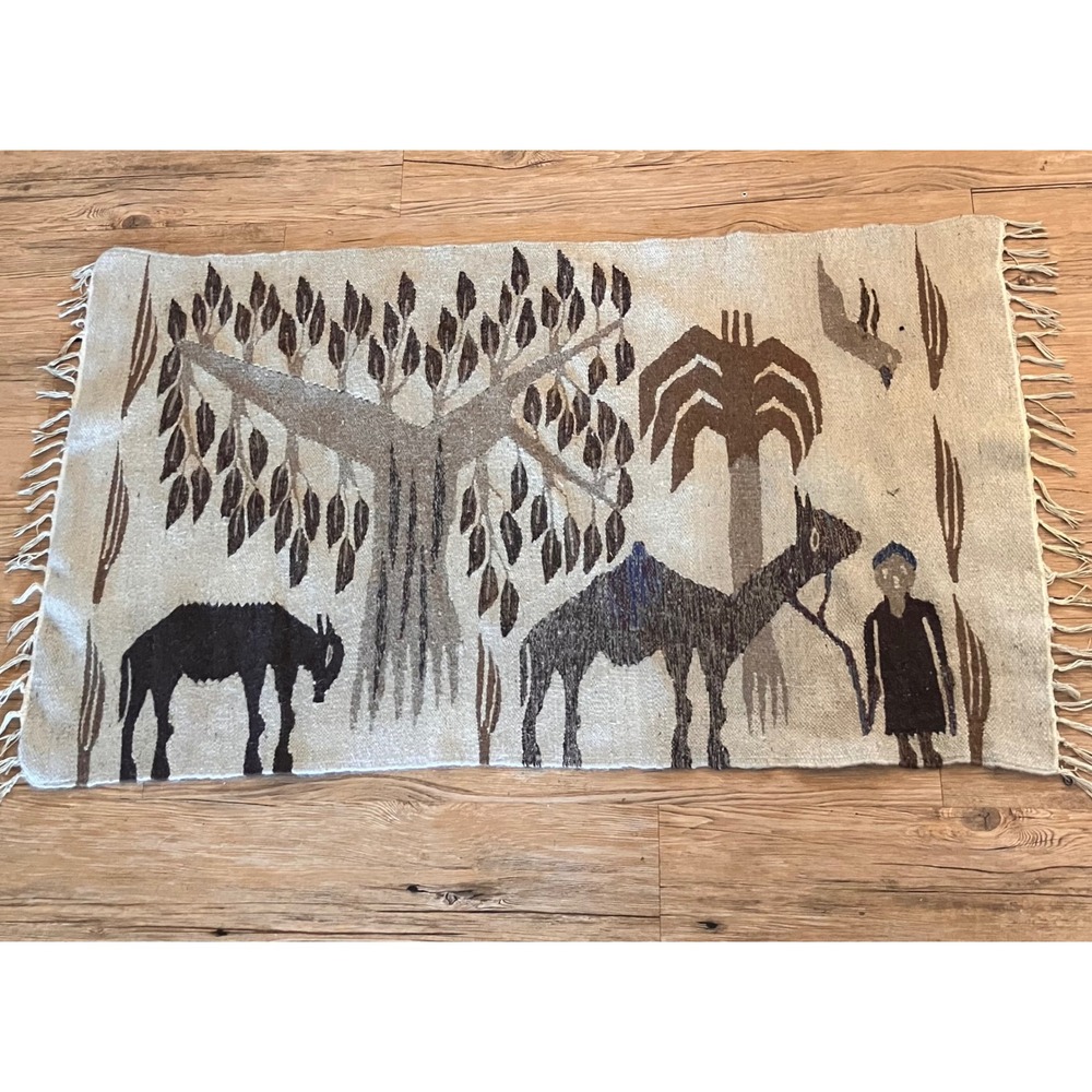 Vintage Egyptian Pictorial Kilim Handwoven Wool Rug Tapestry Desert Camel Donkey